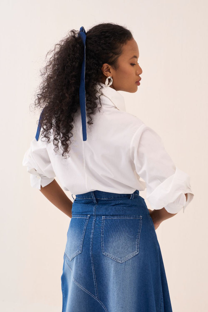 Denim Paneled Skirt by THREE in blue color for women in Singapore