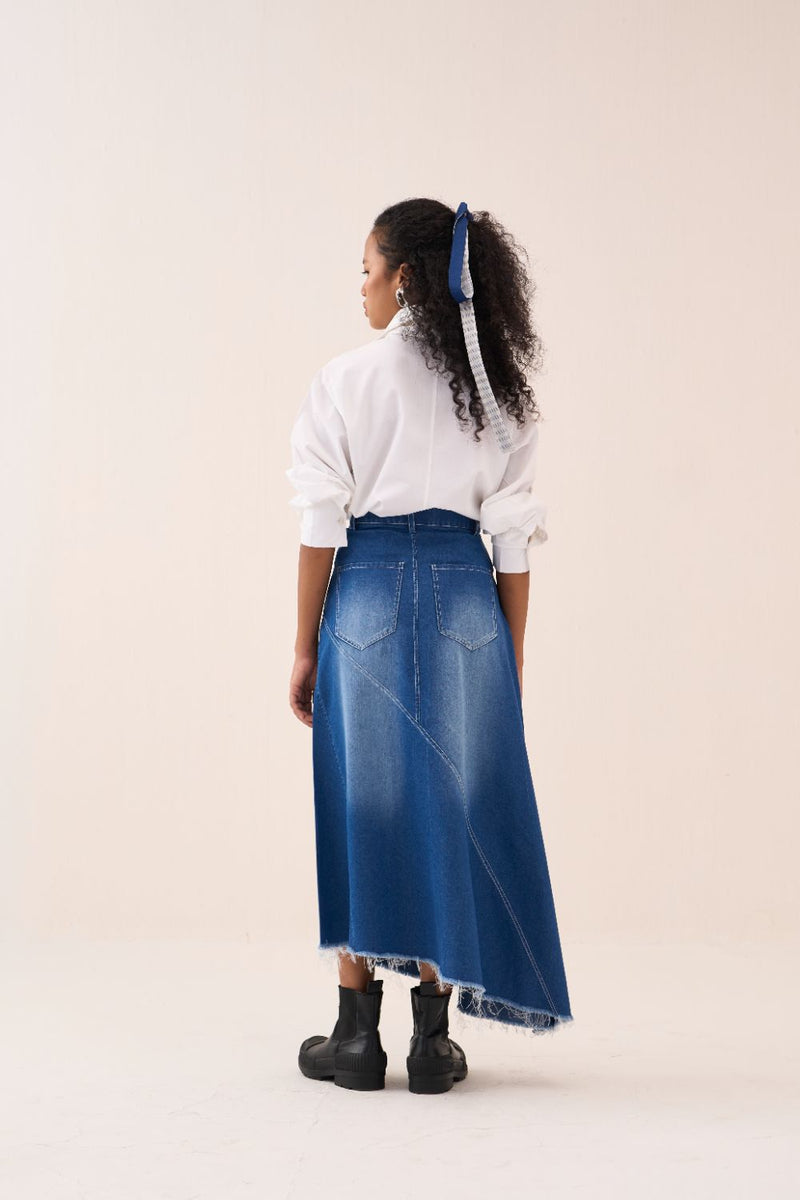 Denim Paneled Skirt by THREE in blue color for women in Singapore