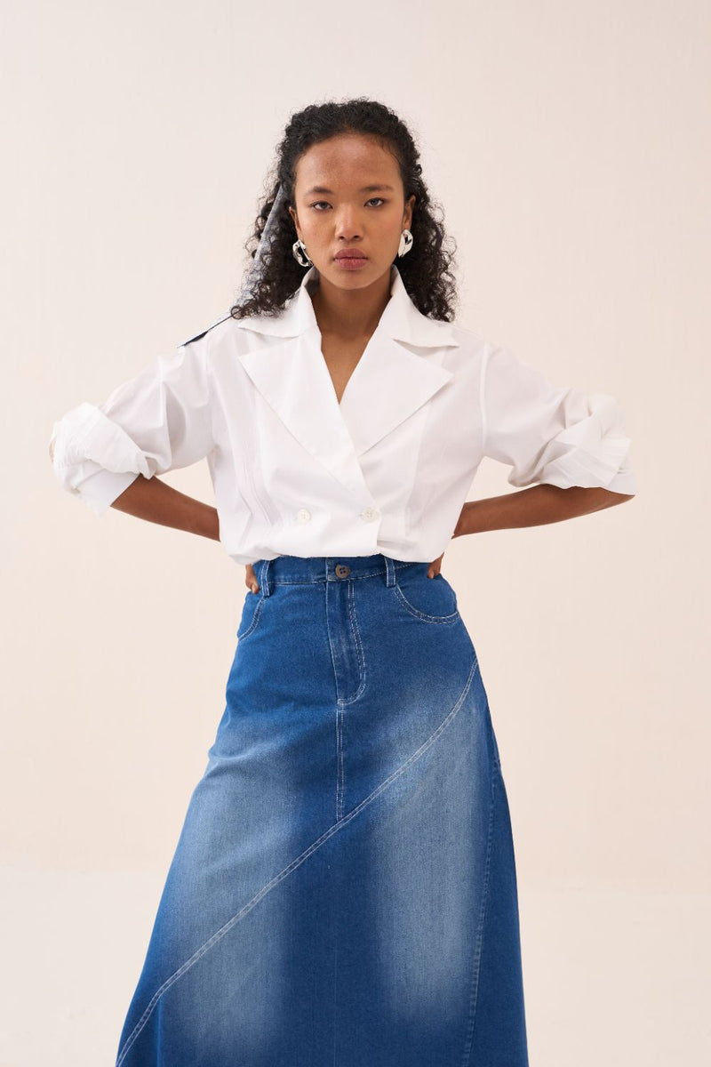 Denim Paneled Skirt by THREE in blue color for women in Singapore