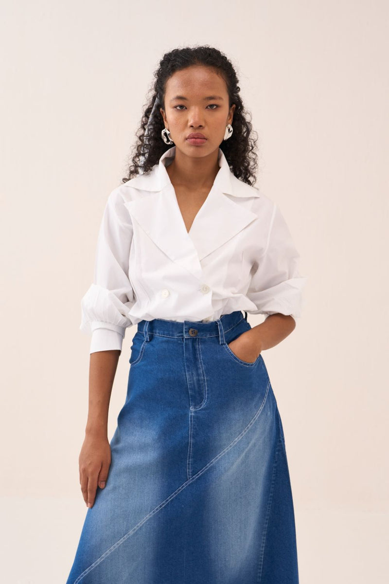 Denim Paneled Skirt by THREE in blue color for women in Singapore