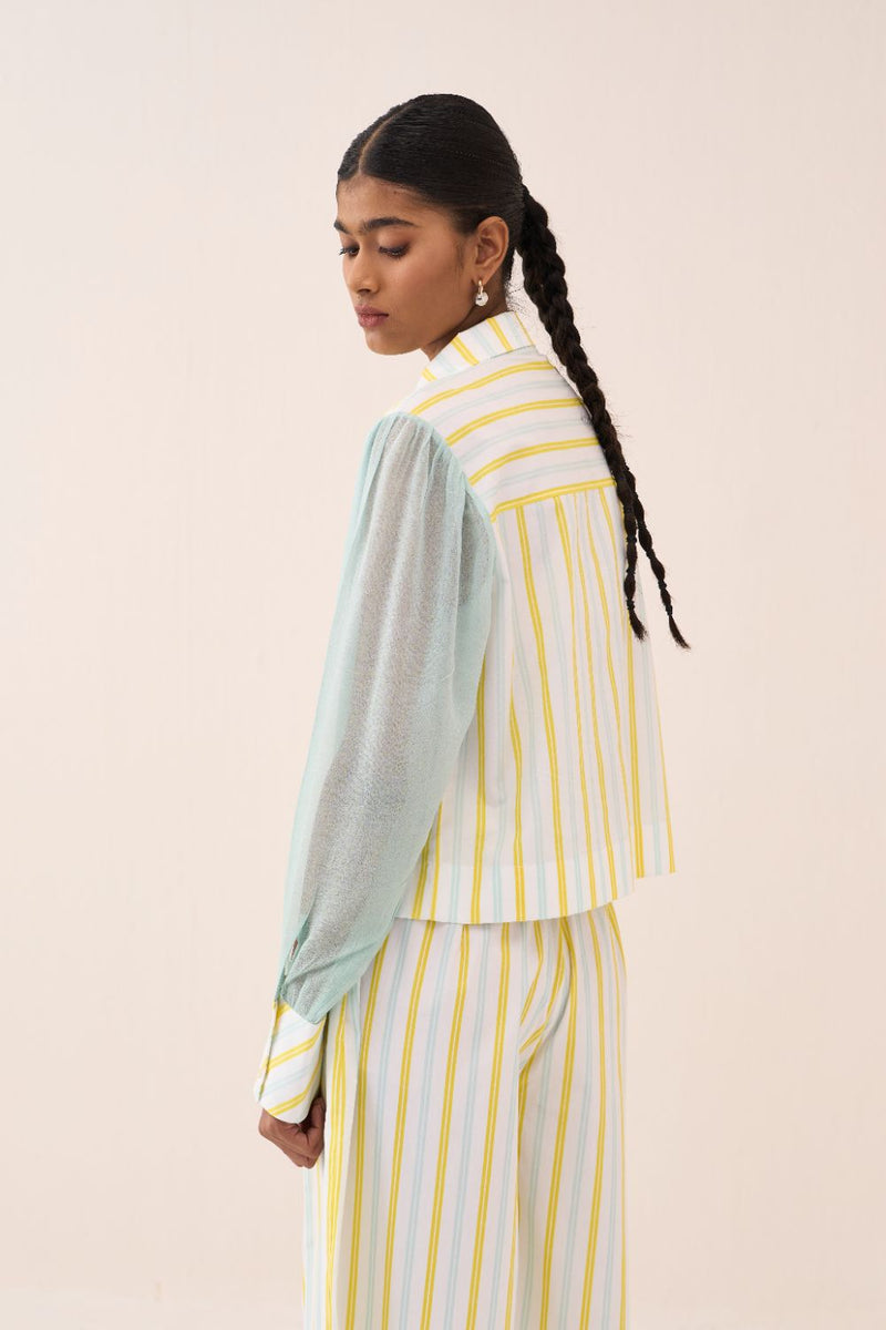 Stripe Anti-Fit Crop Shirt poplin by THREE in blue color for women in Singapore