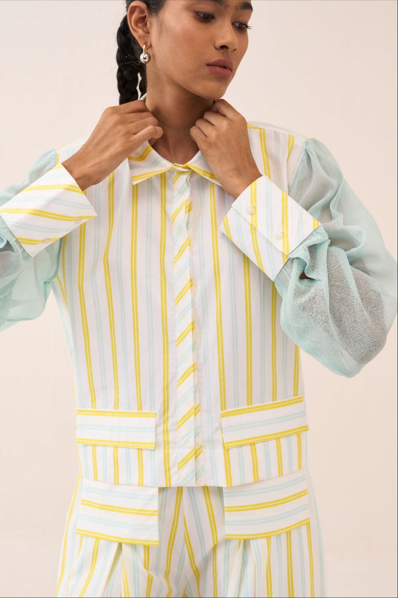 Stripe Anti-Fit Crop Shirt poplin by THREE in blue color for women in Singapore