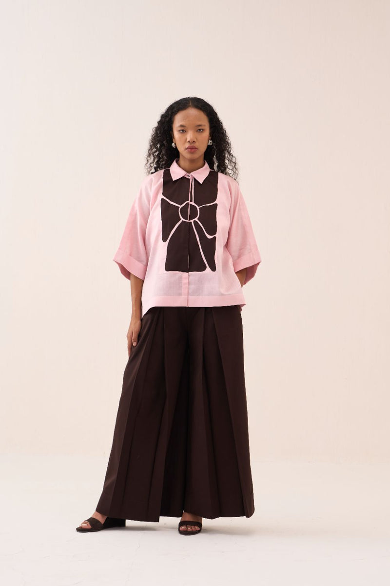 Floral Applique Shirt chanderi by THREE in pink color for women in Singapore