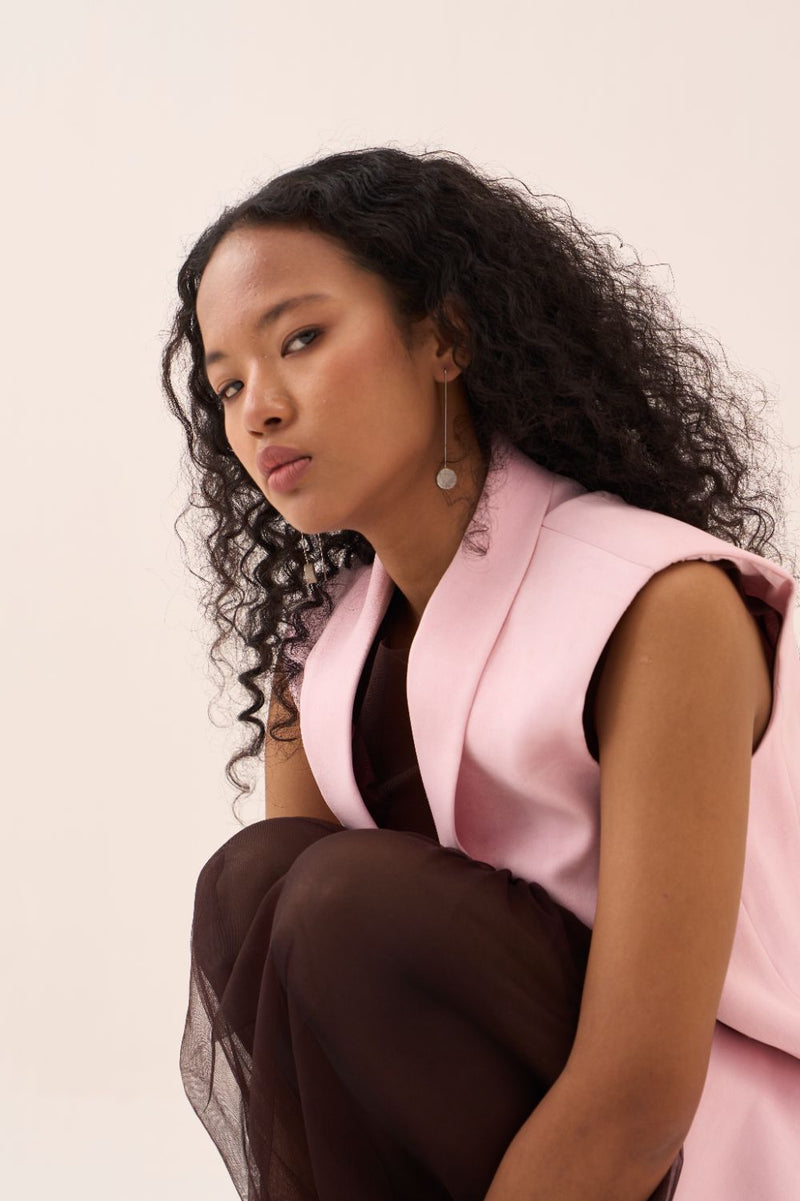 Collared Waistcoat satin by THREE in pink color for women in Singapore