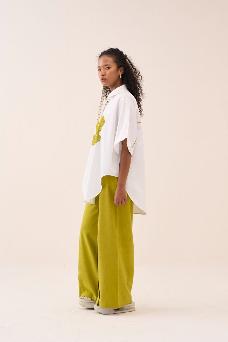 U-Hem Floral Emb. Shirt poplin by THREE in white color for women in Singapore