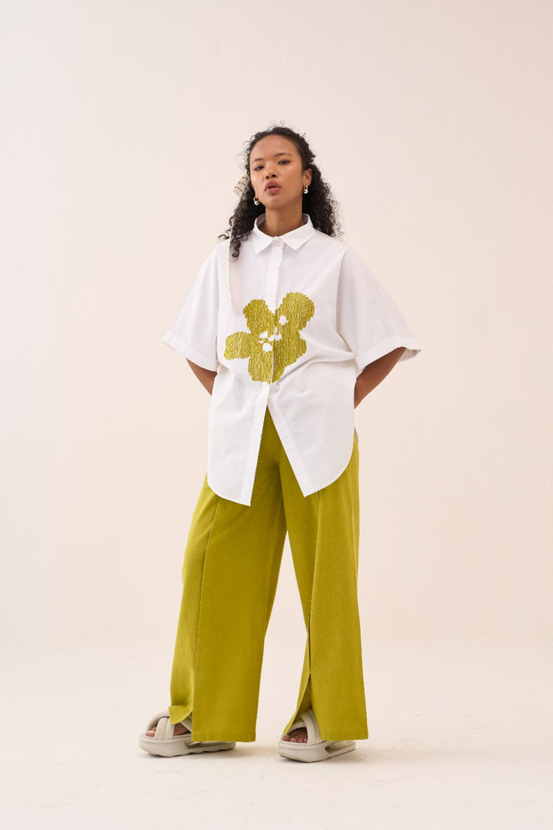 U-Hem Floral Emb. Shirt poplin by THREE in white color for women in Singapore