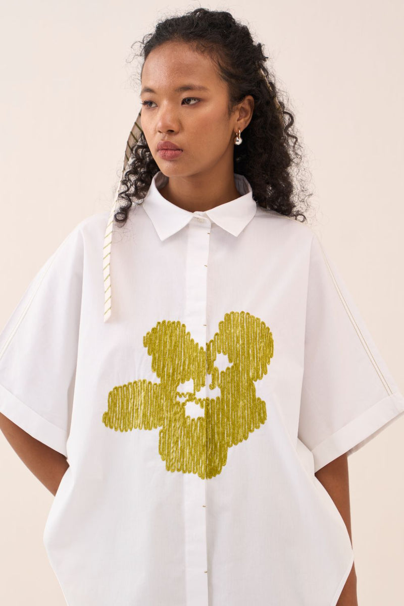 U-Hem Floral Emb. Shirt poplin by THREE in white color for women in Singapore