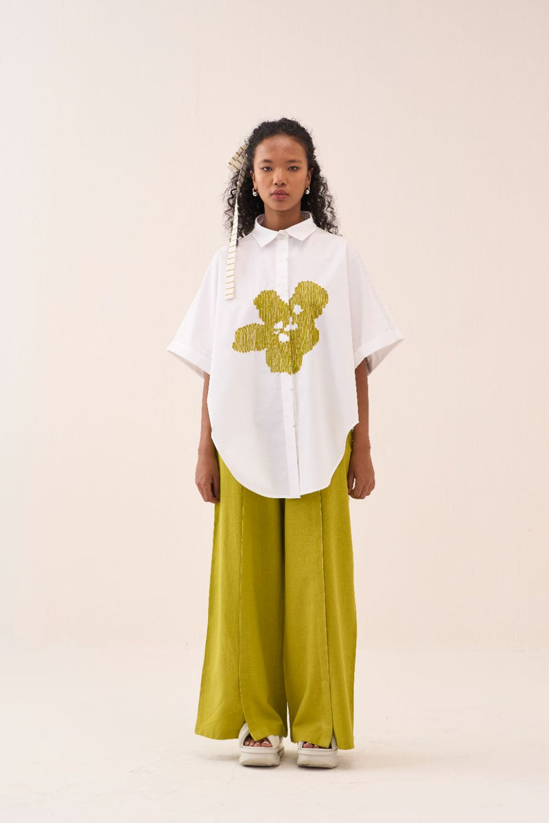 U-Hem Floral Emb. Shirt poplin by THREE in white color for women in Singapore