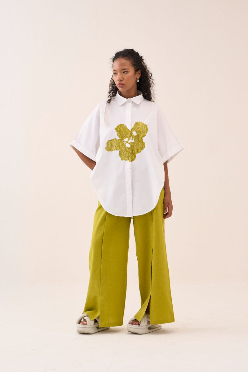 U-Hem Floral Emb. Shirt poplin by THREE in white color for women in Singapore