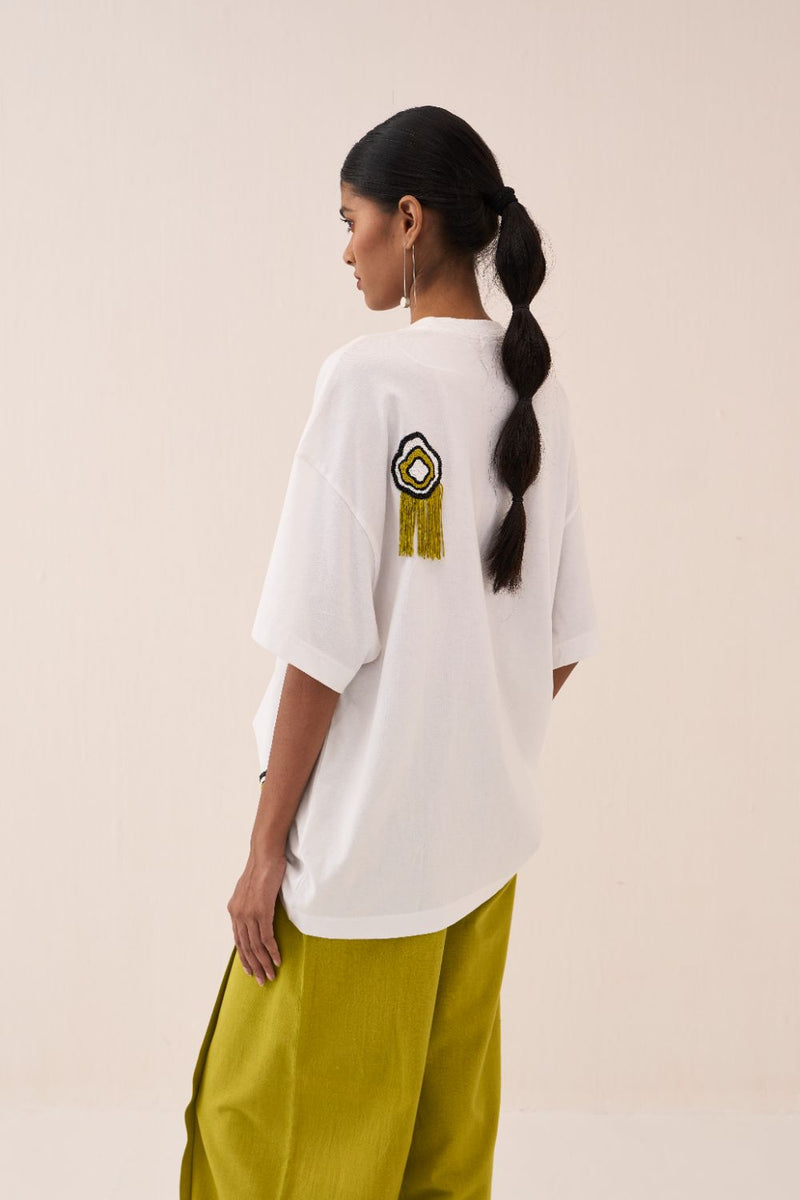 White Beaded Tshirt cotton by THREE in white color for women in Singapore