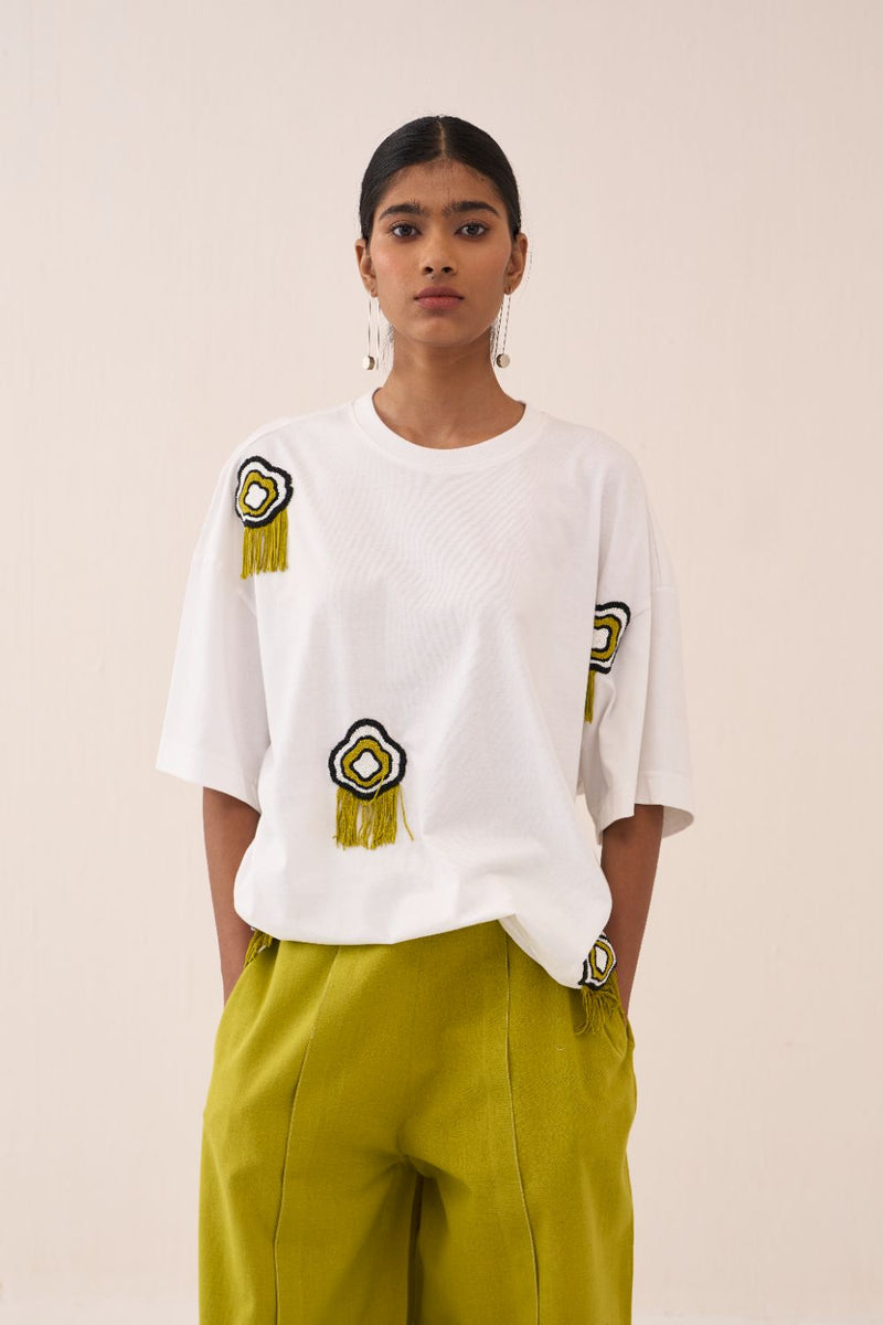 White Beaded Tshirt cotton by THREE in white color for women in Singapore