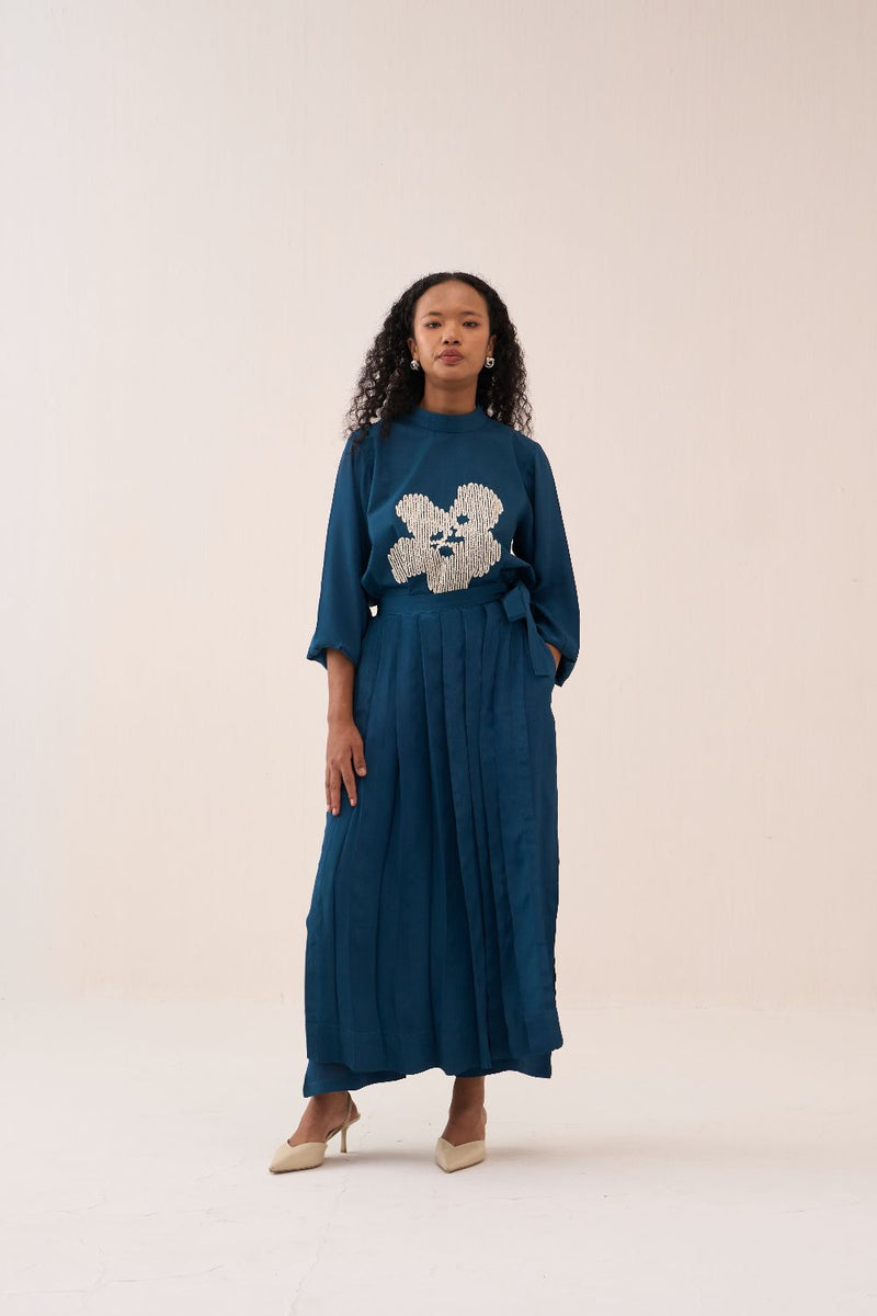 Floral Emb. Top Co-Ord (Set Of 2) poplin by THREE in teal color for women in Singapore