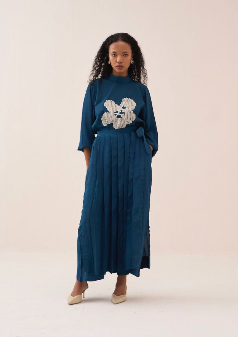 Floral Emb. Top Co-Ord (Set Of 2) poplin by THREE in teal color for women in Singapore