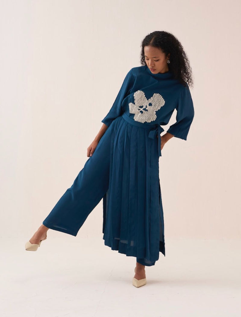 Floral Emb. Top Co-Ord (Set Of 2) poplin by THREE in teal color for women in Singapore