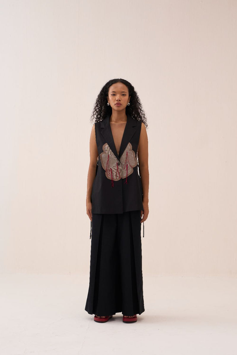 Floral Applique Waistcoat Co-Ord (Slip Included) (Set Of 2) poplin by THREE in black color for women in Singapore