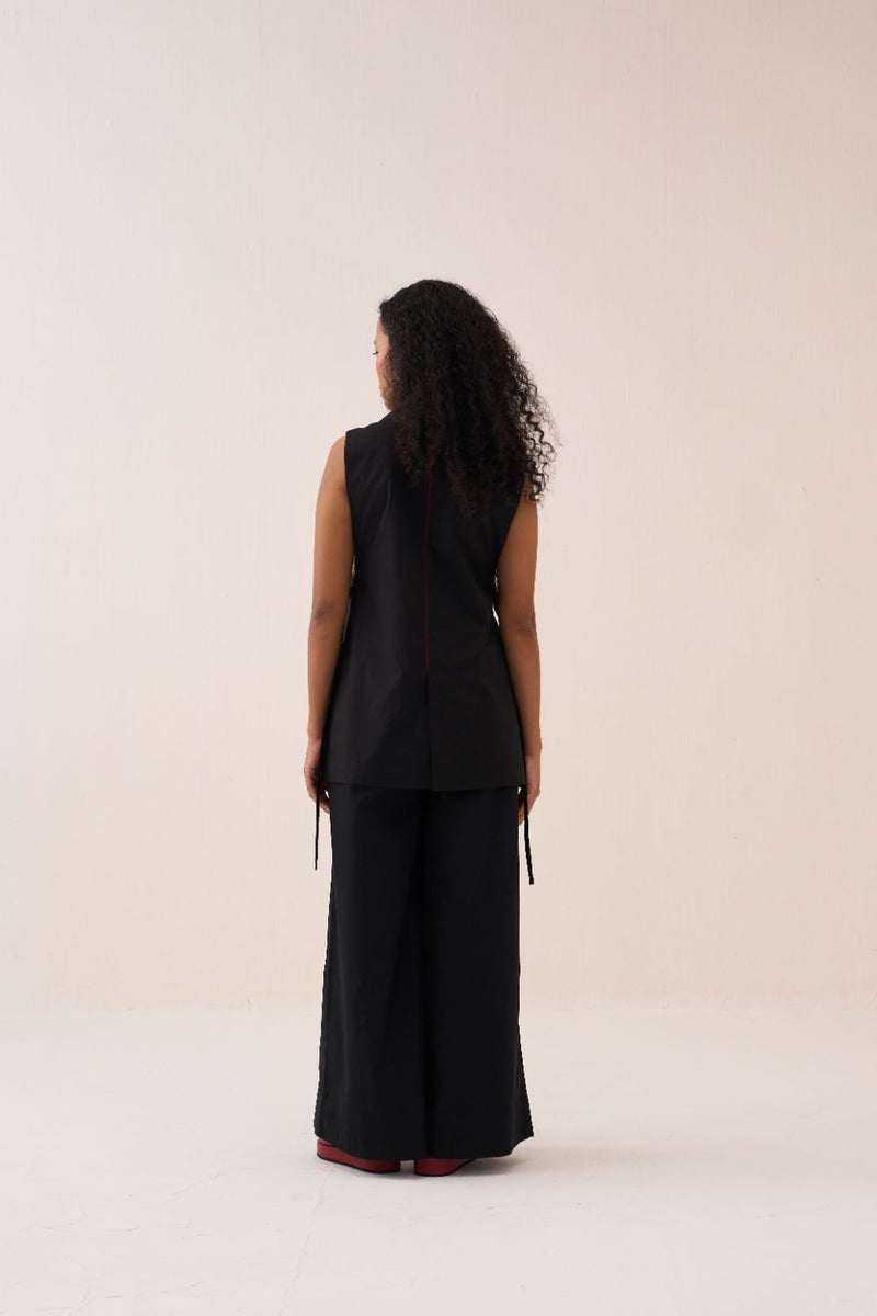 Floral Applique Waistcoat Co-Ord (Slip Included) (Set Of 2) poplin by THREE in black color for women in Singapore