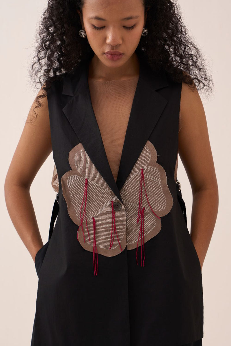 Floral Applique Waistcoat Co-Ord (Slip Included) (Set Of 2) poplin by THREE in black color for women in Singapore