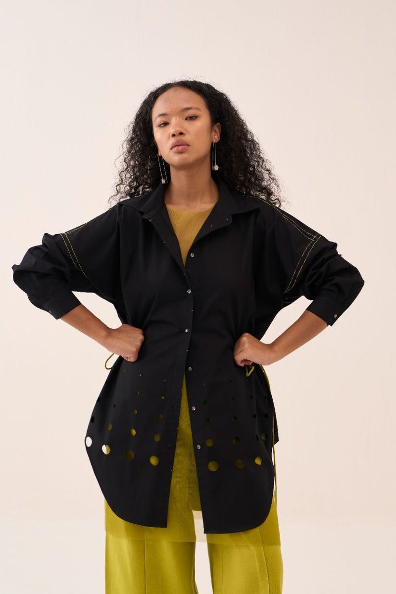 Drawstring Shirt poplin by THREE in black color for women in Singapore