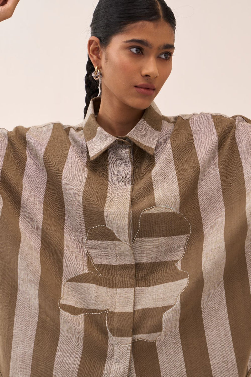 Floral Stripe Applique U-Hem Shirt cotton by THREE for women in Singapore