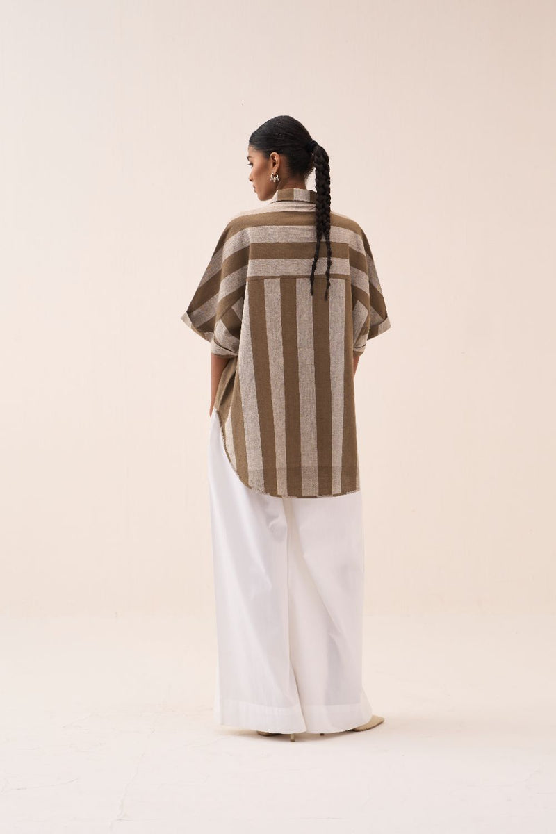 Floral Stripe Applique U-Hem Shirt cotton by THREE for women in Singapore