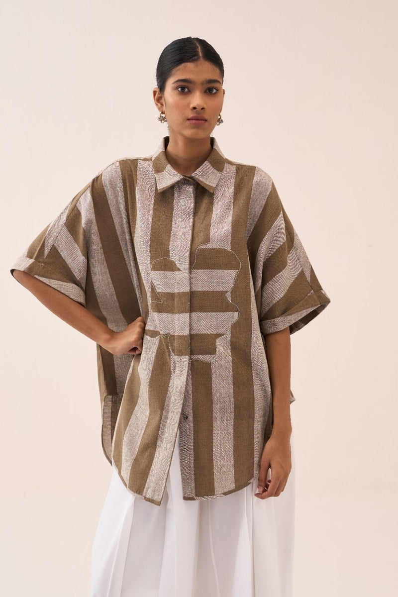 Floral Stripe Applique U-Hem Shirt cotton by THREE for women in Singapore