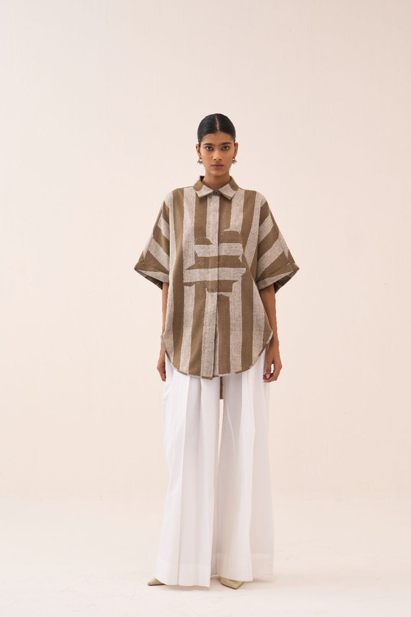 Floral Stripe Applique U-Hem Shirt cotton by THREE for women in Singapore