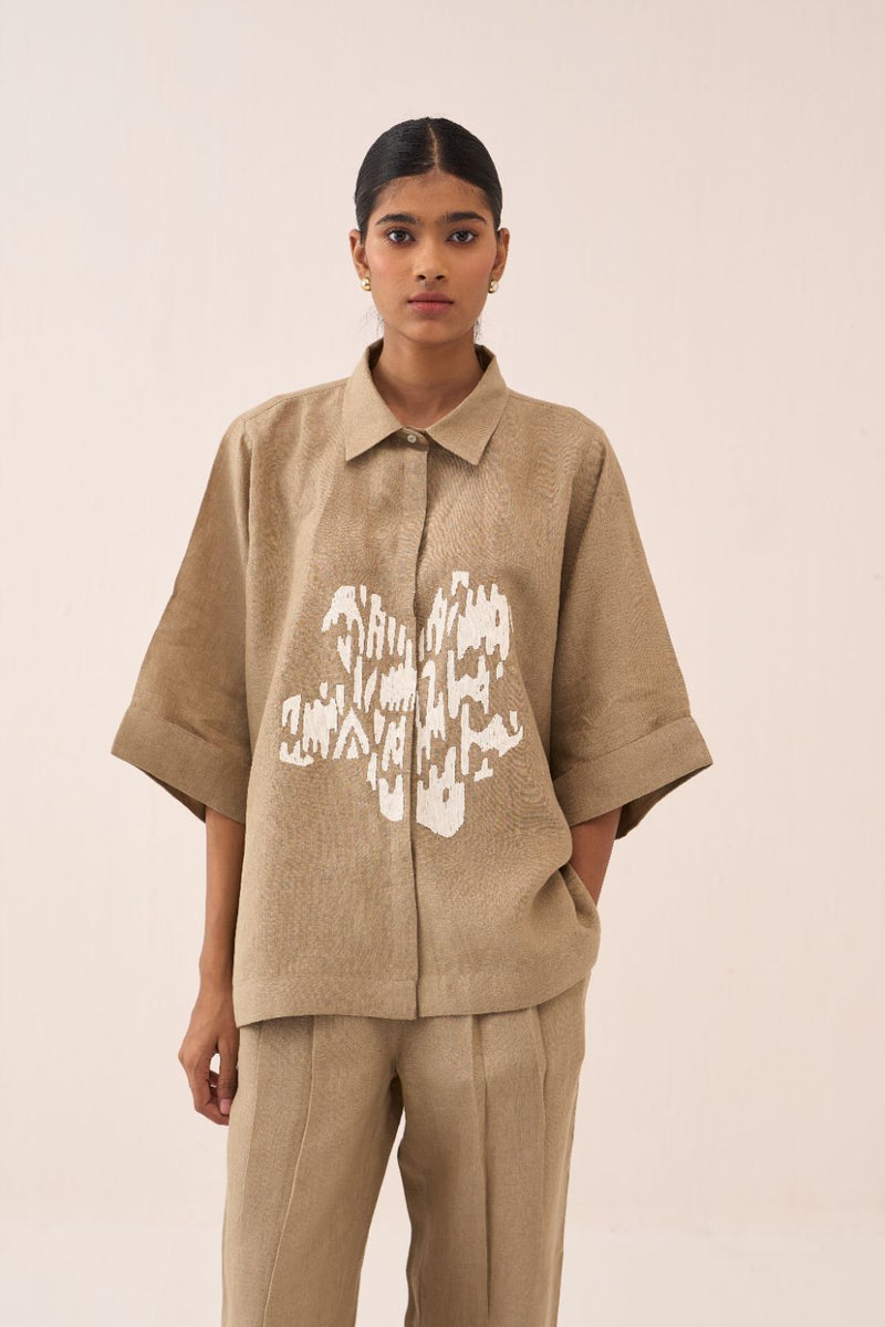 Floral Emb. Boxy Shirt by THREE in sand color for women in Singapore