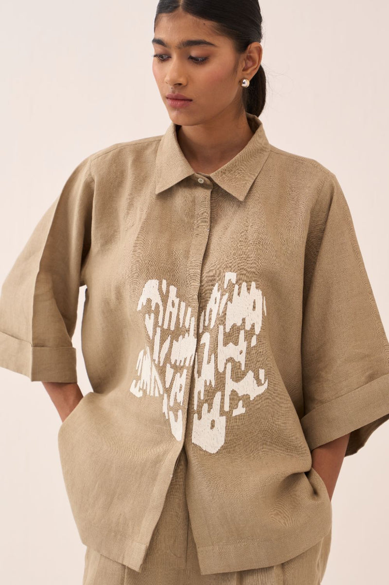 Floral Emb. Boxy Shirt by THREE in sand color for women in Singapore