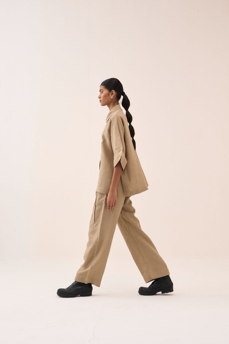 Floral Emb. Boxy Shirt by THREE in sand color for women in Singapore