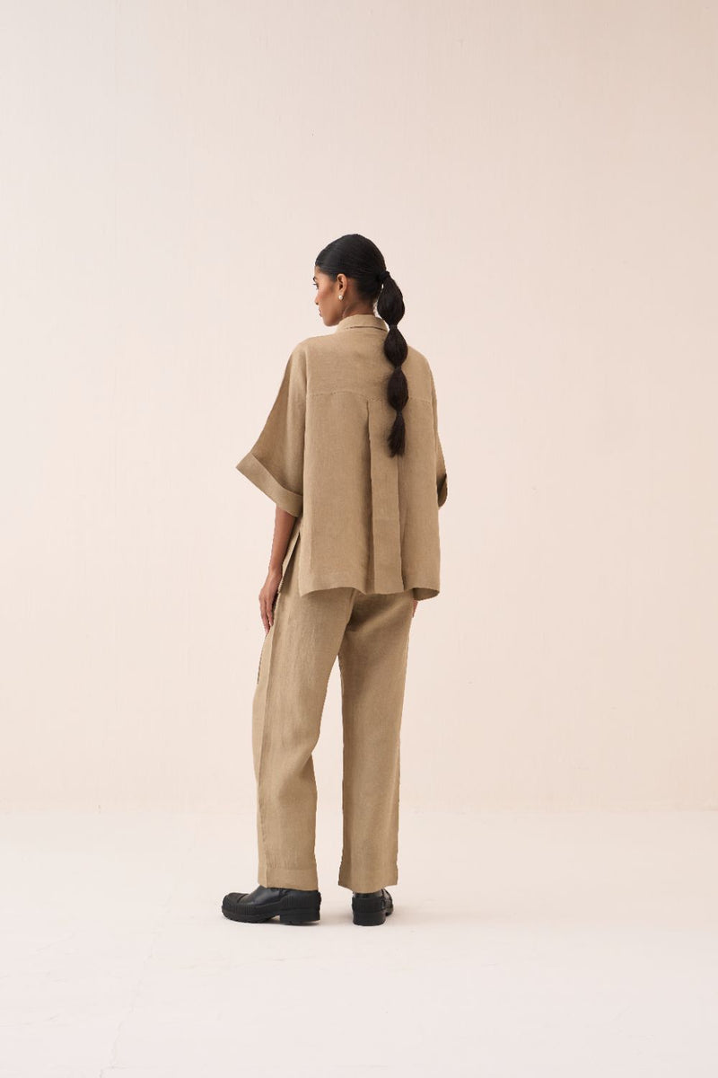 Floral Emb. Boxy Shirt by THREE in sand color for women in Singapore