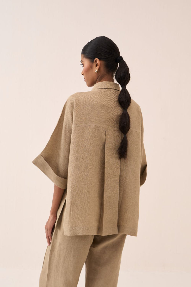 Floral Emb. Boxy Shirt by THREE in sand color for women in Singapore