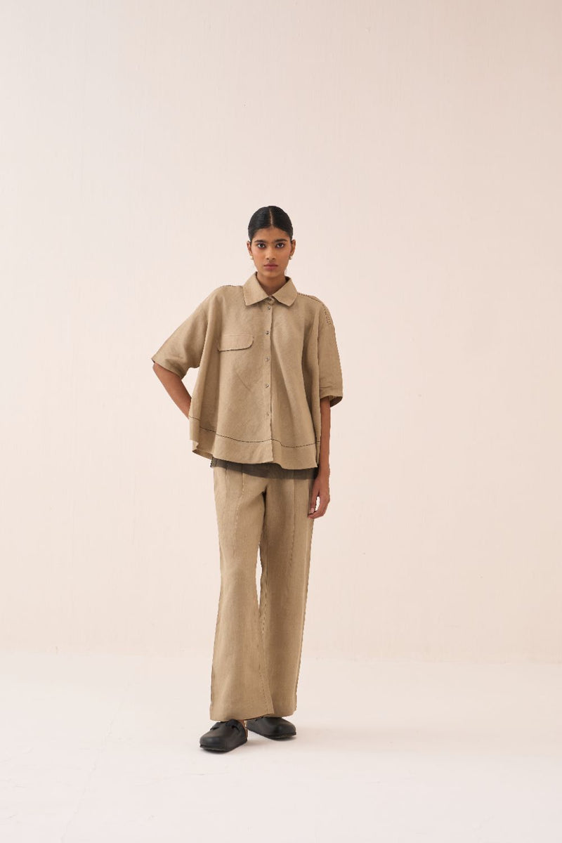 Wide Hem Shirt - Sand by THREE in sand color for women in Singapore