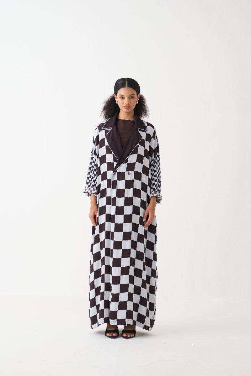 Checkered Jacket silk by THREE in brown color for women in Singapore