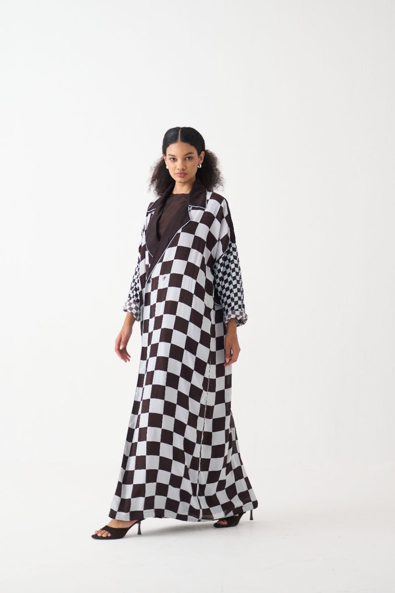 Checkered Jacket silk by THREE in brown color for women in Singapore