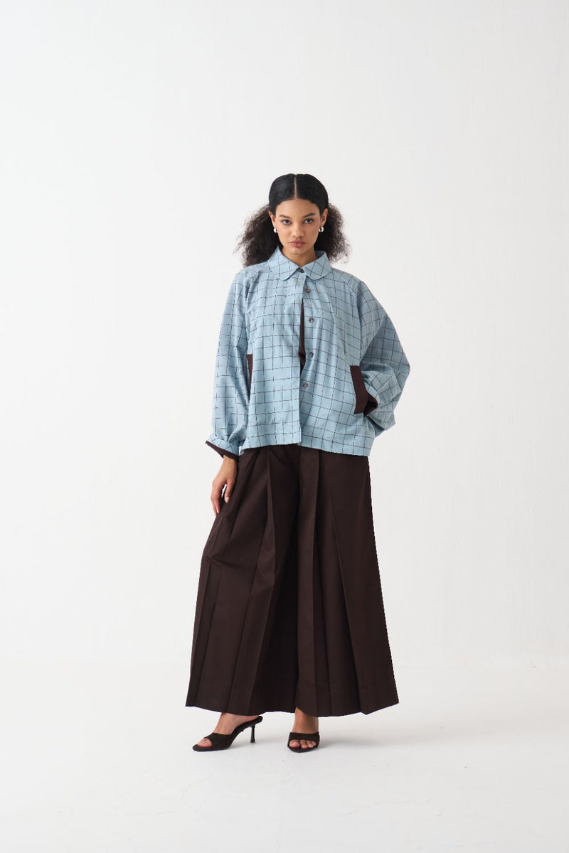Bat Sleeve Jacket Co-Ord - Powder Blue Check (Set Of 2) cotton by THREE in brown color for women in Singapore