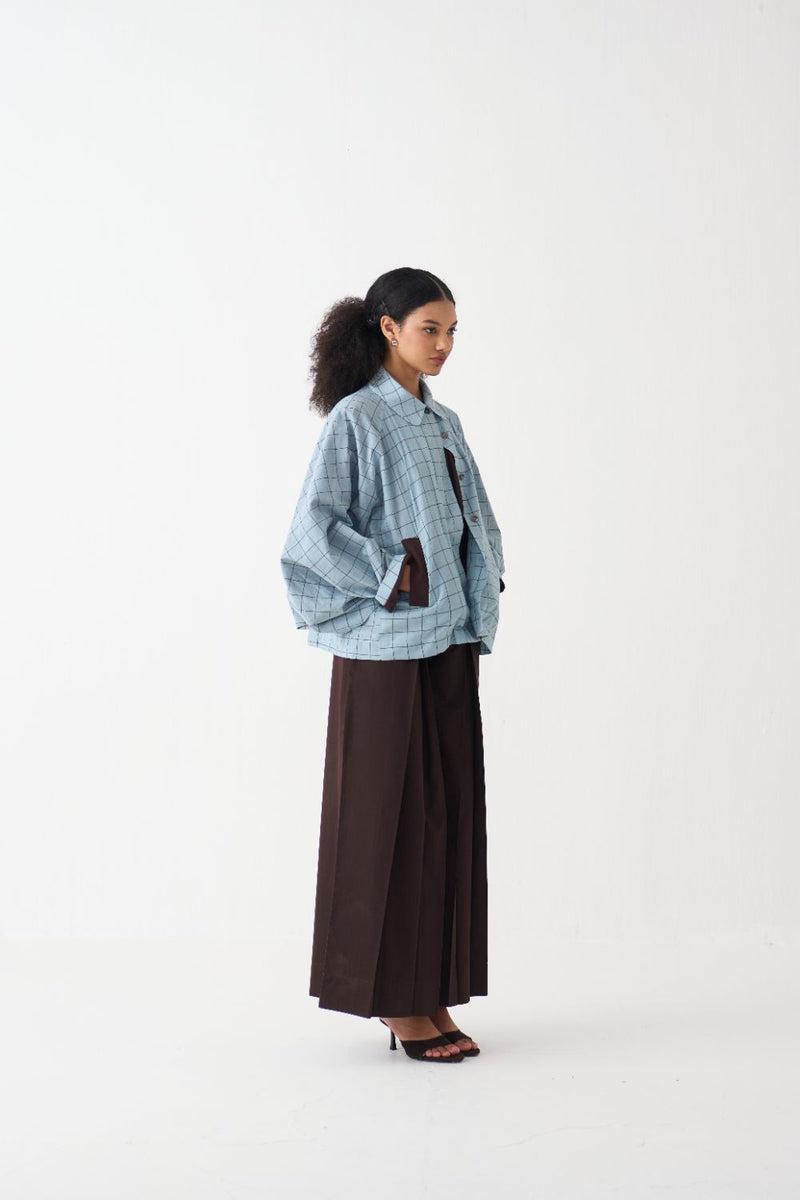 Bat Sleeve Jacket Co-Ord - Powder Blue Check (Set Of 2) cotton by THREE in brown color for women in Singapore