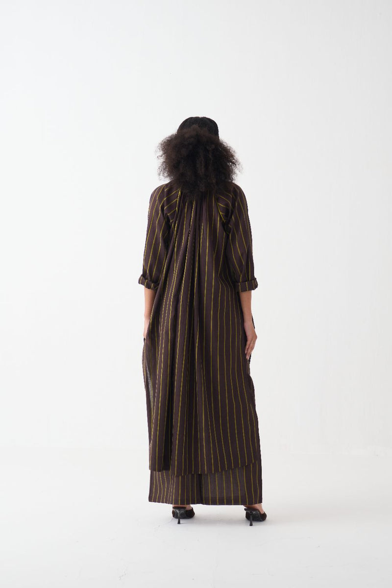 Gather Neck Shirt Co-Ord - Lime & Dark Brown Stripe (Set Of 2) cotton by THREE in brown color for women in Singapore