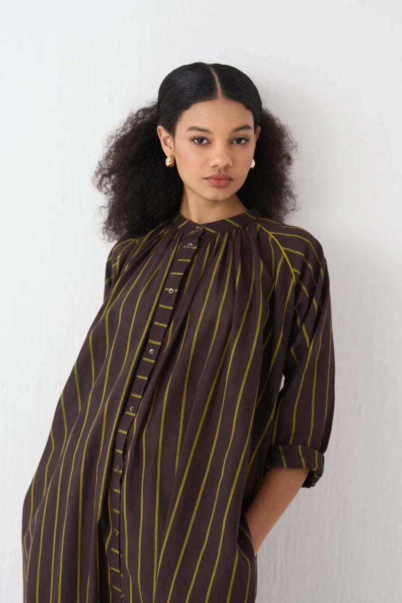 Gather Neck Shirt Co-Ord - Lime & Dark Brown Stripe (Set Of 2) cotton by THREE in brown color for women in Singapore