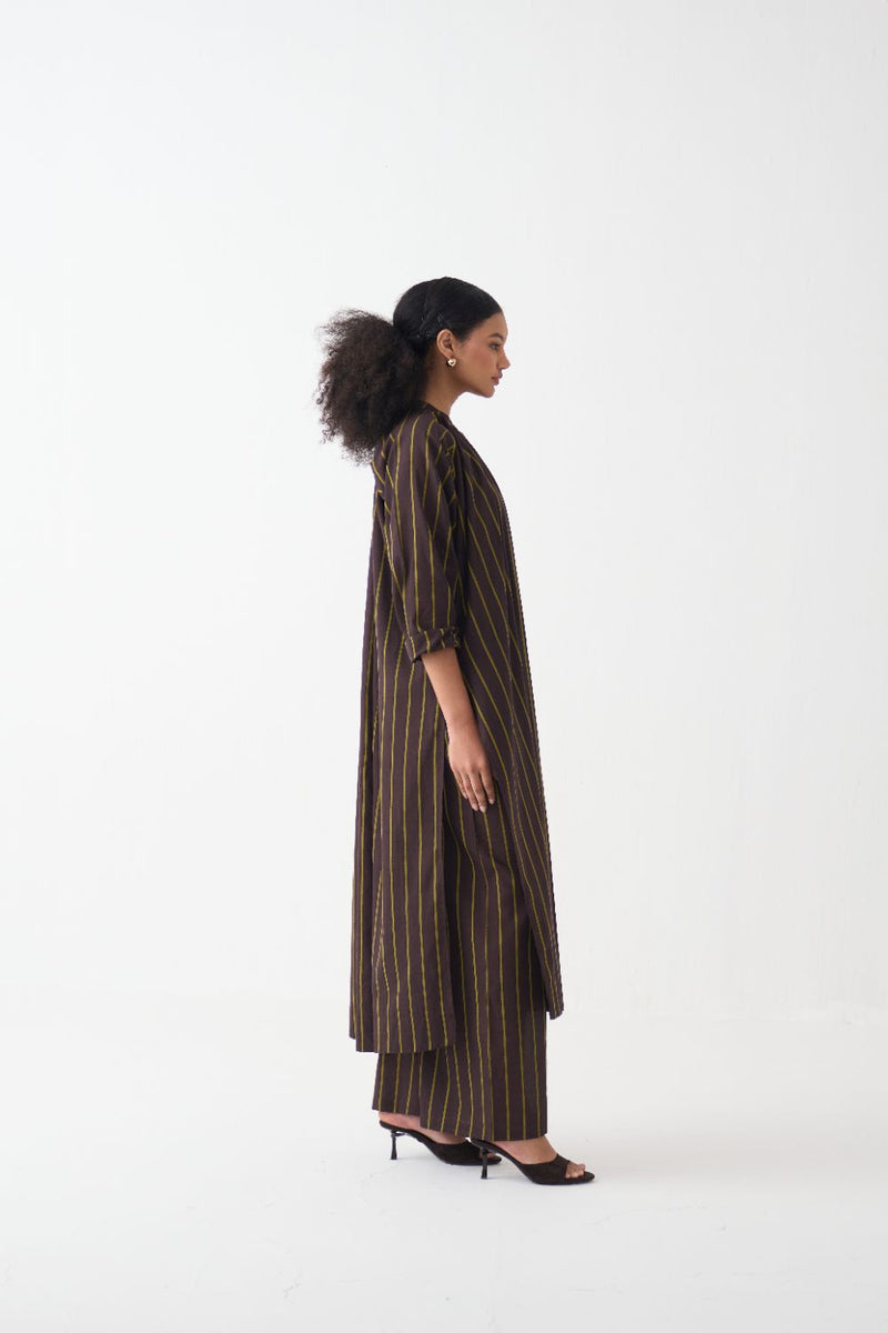 Gather Neck Shirt Co-Ord - Lime & Dark Brown Stripe (Set Of 2) cotton by THREE in brown color for women in Singapore