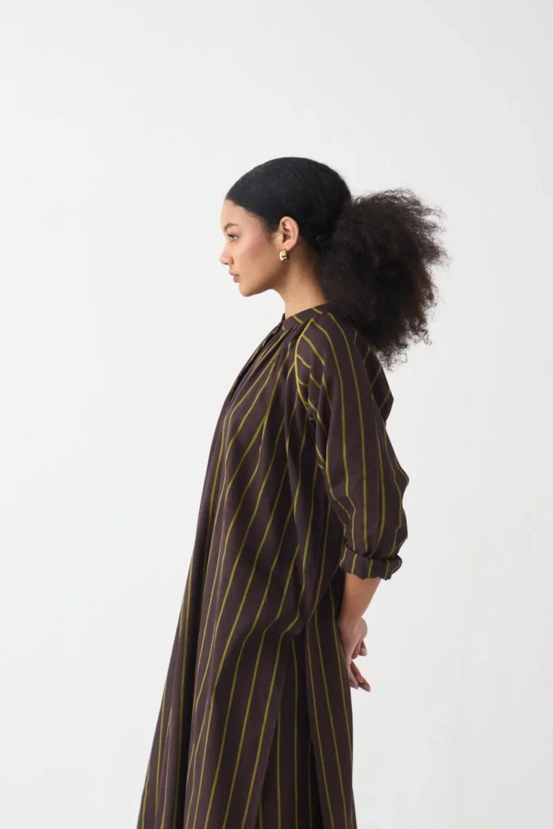 Gather Neck Shirt Co-Ord - Lime & Dark Brown Stripe (Set Of 2) cotton by THREE in brown color for women in Singapore