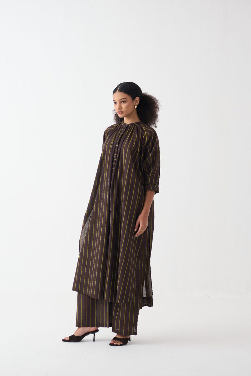 Gather Neck Shirt Co-Ord - Lime & Dark Brown Stripe (Set Of 2) cotton by THREE in brown color for women in Singapore