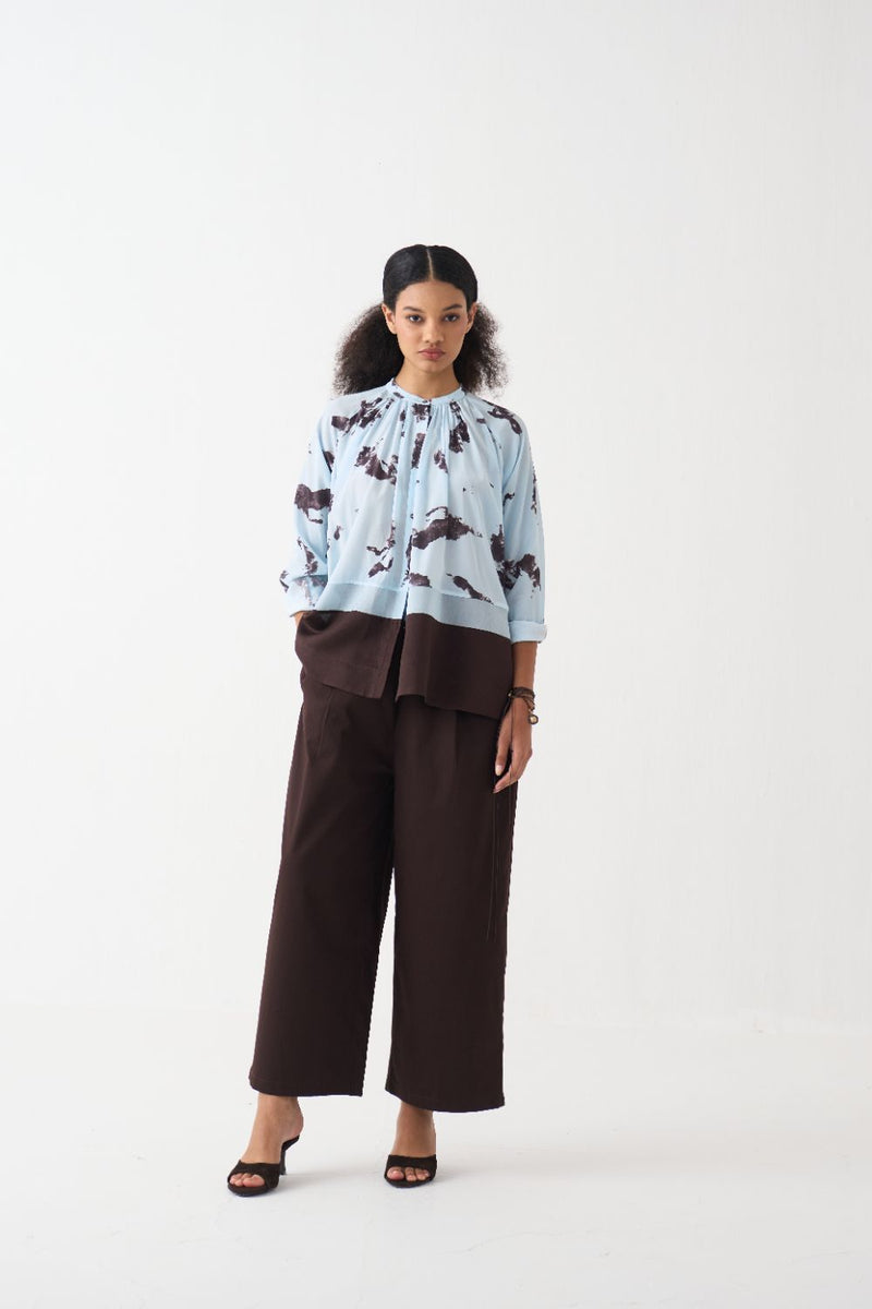 Peasant Top silk by THREE in blue color for women in Singapore