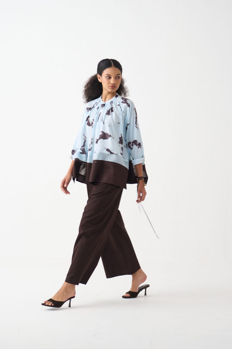 Peasant Top silk by THREE in blue color for women in Singapore
