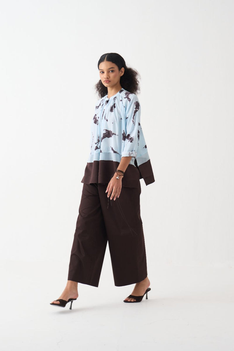 Peasant Top silk by THREE in blue color for women in Singapore