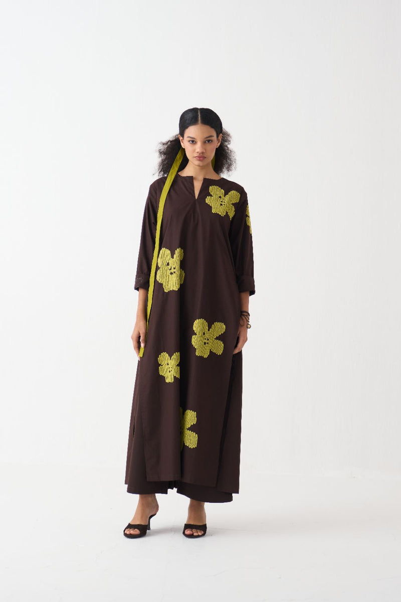 Floral Emb. Back Pleat Tunic Co-Ord (Set Of 2) poplin by THREE in brown color for women in Singapore