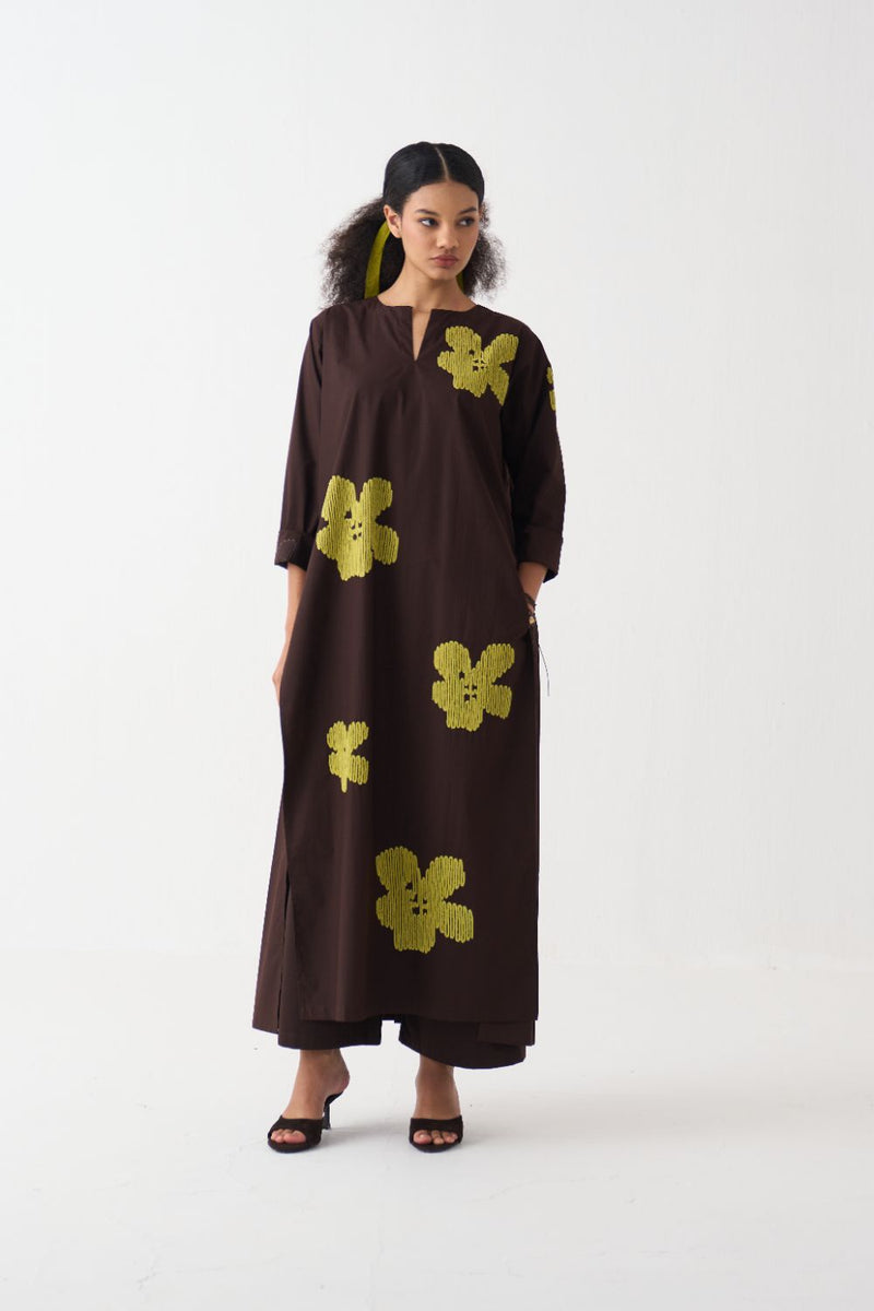 Floral Emb. Back Pleat Tunic Co-Ord (Set Of 2) poplin by THREE in brown color for women in Singapore