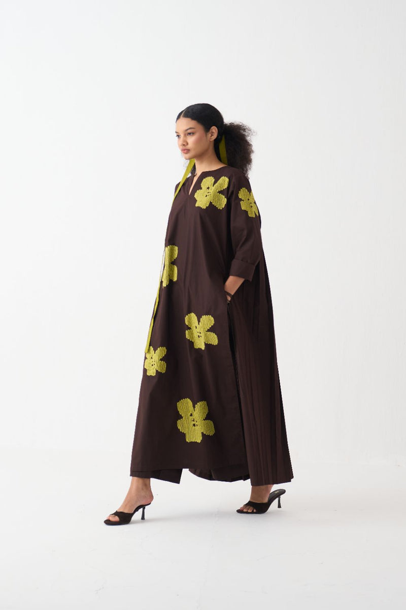 Floral Emb. Back Pleat Tunic Co-Ord (Set Of 2) poplin by THREE in brown color for women in Singapore