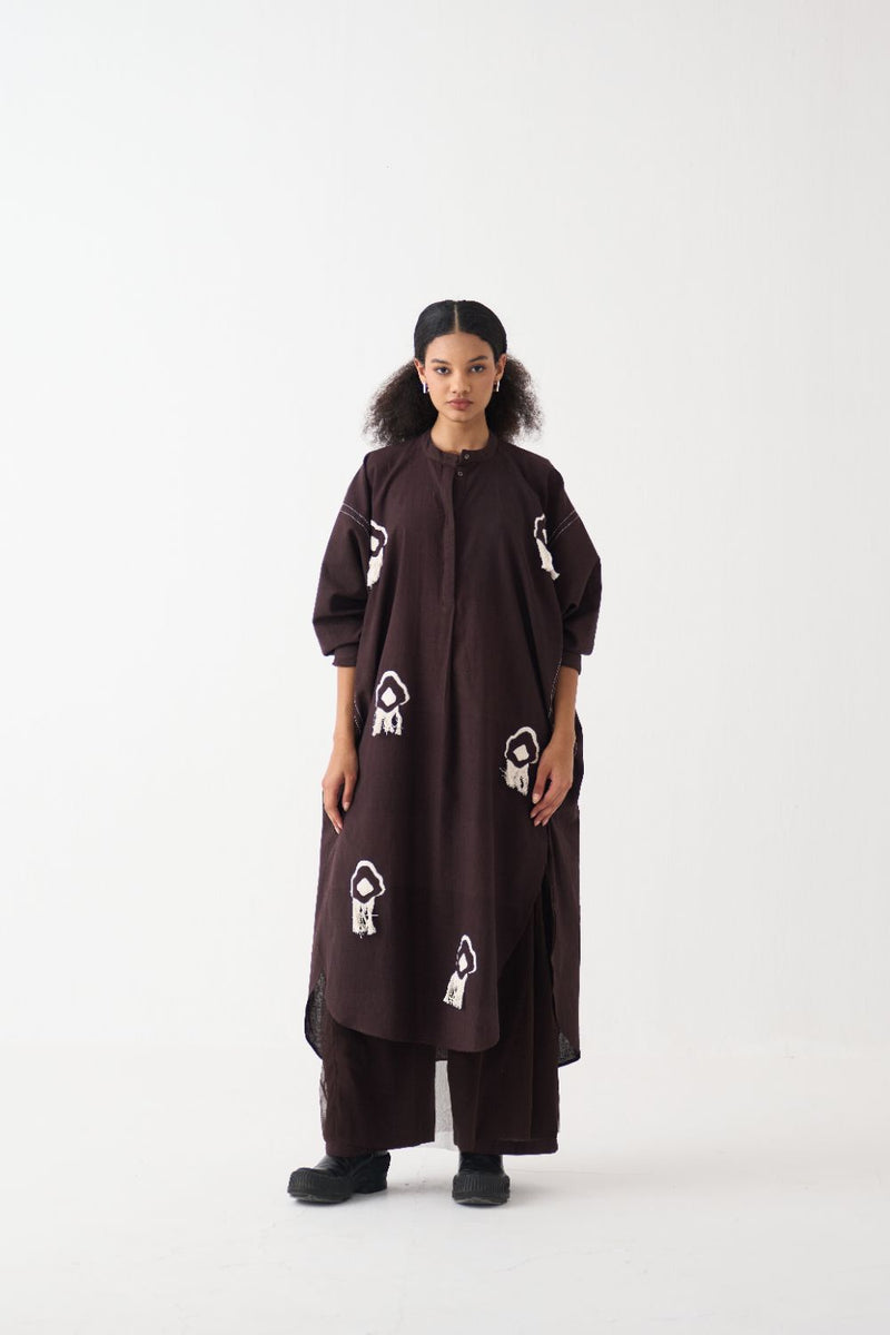 Fringe Bat Sleeve Shirt Co-Ord - Dark Brown (Set Of 2) cotton by THREE in brown color for women in Singapore