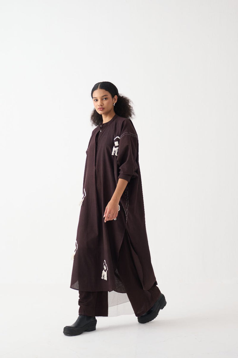 Fringe Bat Sleeve Shirt Co-Ord - Dark Brown (Set Of 2) cotton by THREE in brown color for women in Singapore