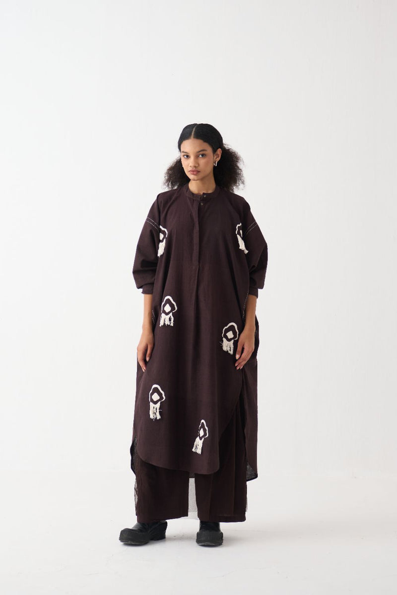 Fringe Bat Sleeve Shirt Co-Ord - Dark Brown (Set Of 2) cotton by THREE in brown color for women in Singapore